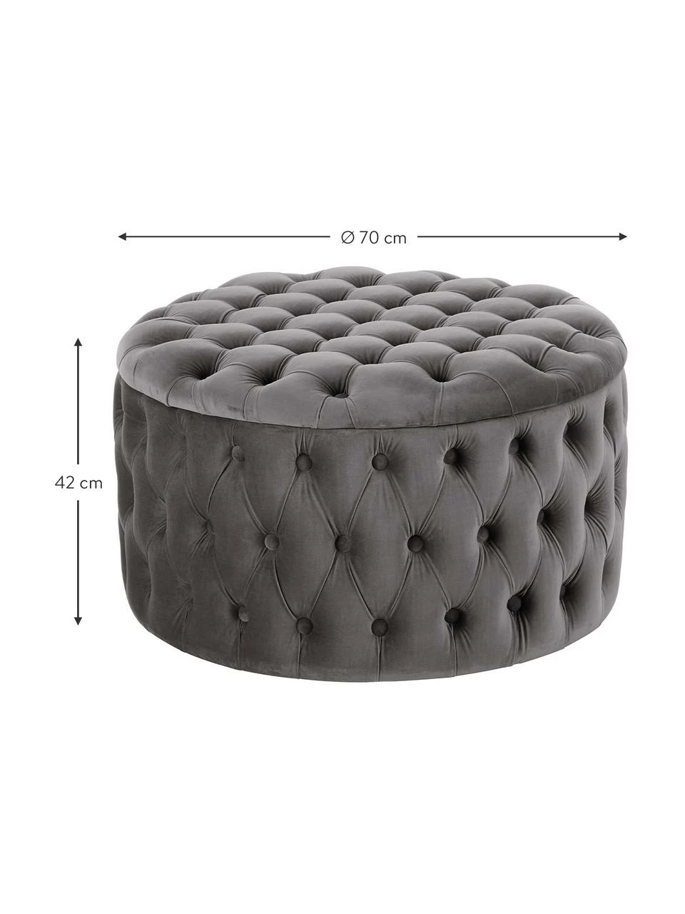 Westwing Collection Grand tabouret rond velours gris foncé avec rangement Chiara, Ø 70 x haut. 42 cm – Image 4