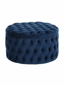 Westwing Collection Pouf coffre XL velours bleu foncé Chiara, Ø 70 x haut. 42 cm