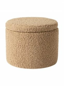 Westwing Collection Tabouret avec coffre tissu bouclé brun Alida, Ø 50 x haut. 42 cm