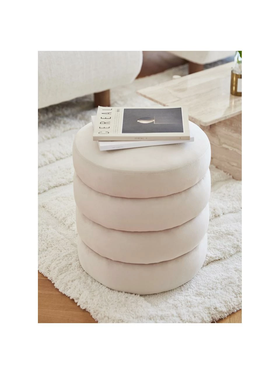 Westwing Collection Tabouret velours blanc crème Alto, Ø 42 x haut. 47 cm – Image 3